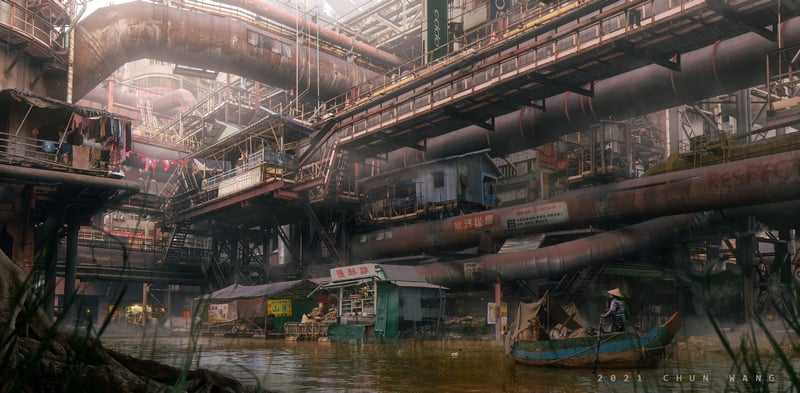 Scenery with boat in a futuristic industrial river setting