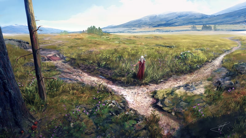 Fantasy girl at a crossroads in a field