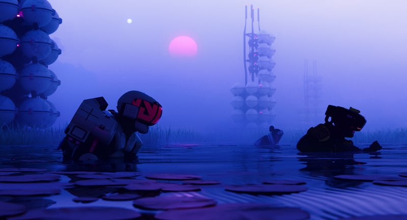 Marathon (game) characters in a misty, alien swamp