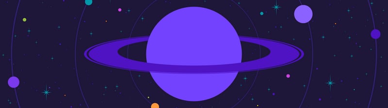 Purple planet with rings in space with stars