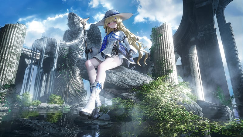 Phoebe from Wuthering Waves sitting on a rock