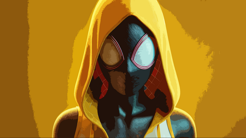 Miles Morales in a yellow hooded cape