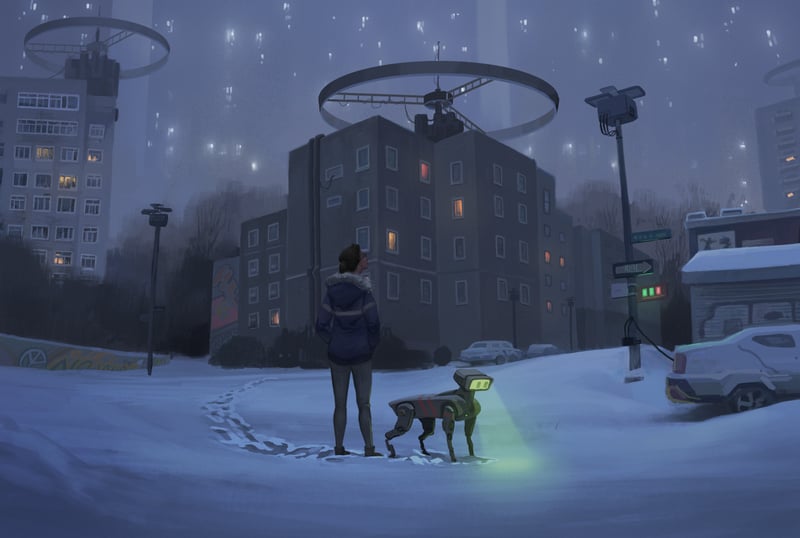 A person and a robot dog in a snowy city at night