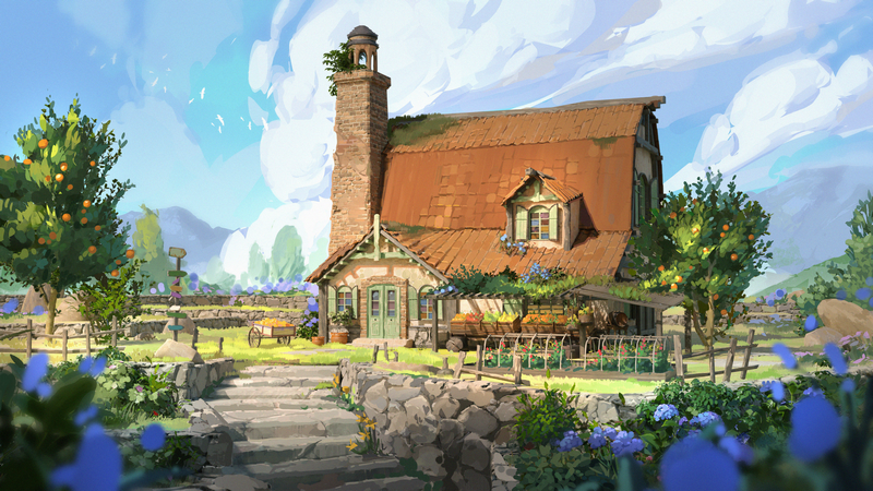 Illustration of a quaint house in a countryside garden