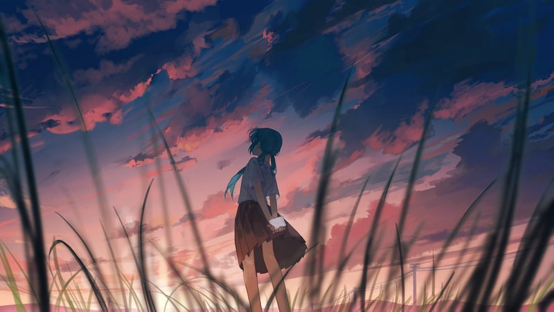 Hatsune Miku standing in a field at sunset