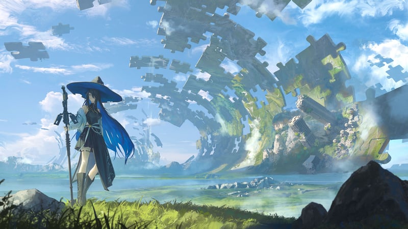 Anime girl with blue hair and witch hat in puzzle landscape
