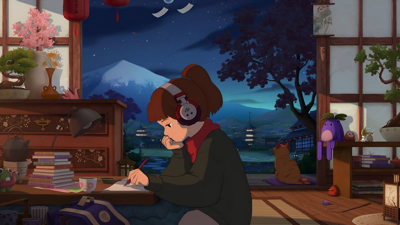 Anime girl studying at night with headphones
