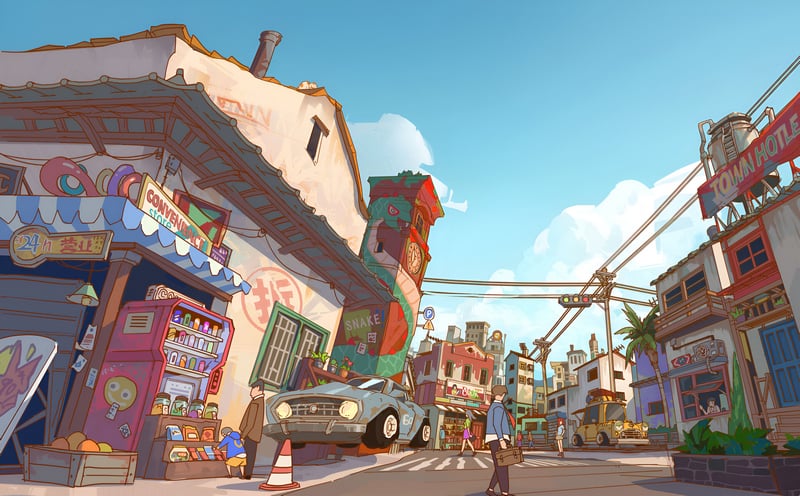 Flying car in a colorful, stylized city street
