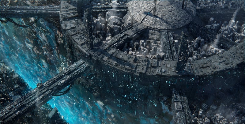Futuristic science fiction city architecture with glowing blue lights