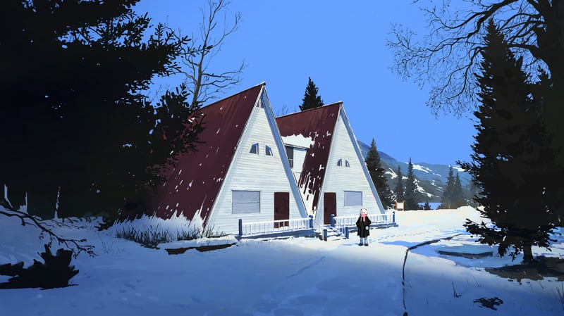 Scenery of two A-frame houses in a snowy landscape