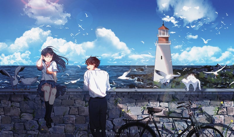 Anime boy and girl by the sea with lighthouse
