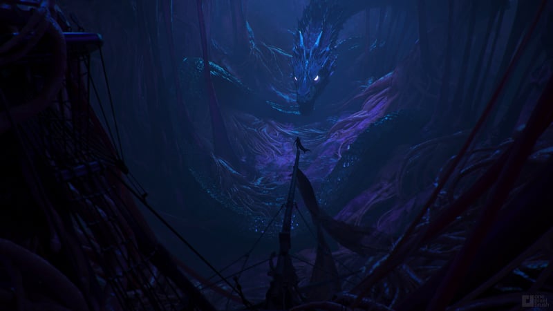 A creature with glowing eyes looms over a figure with a flag