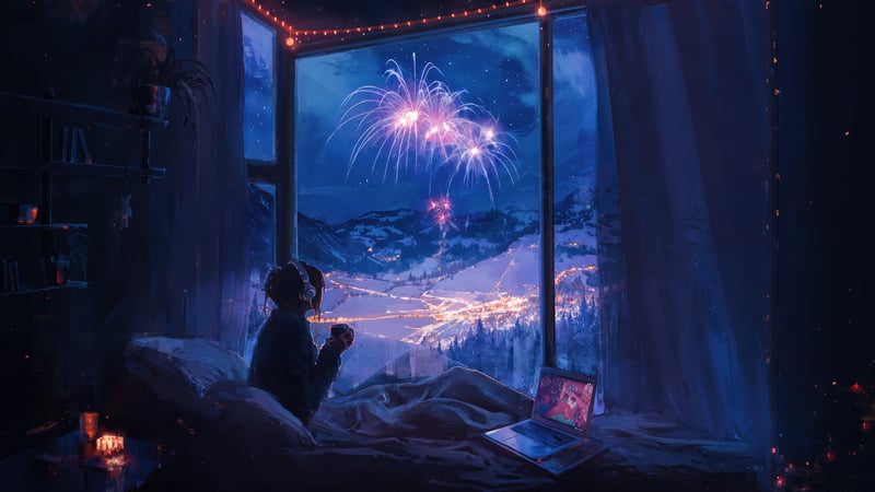Woman watches fireworks from window with laptop and headphones
