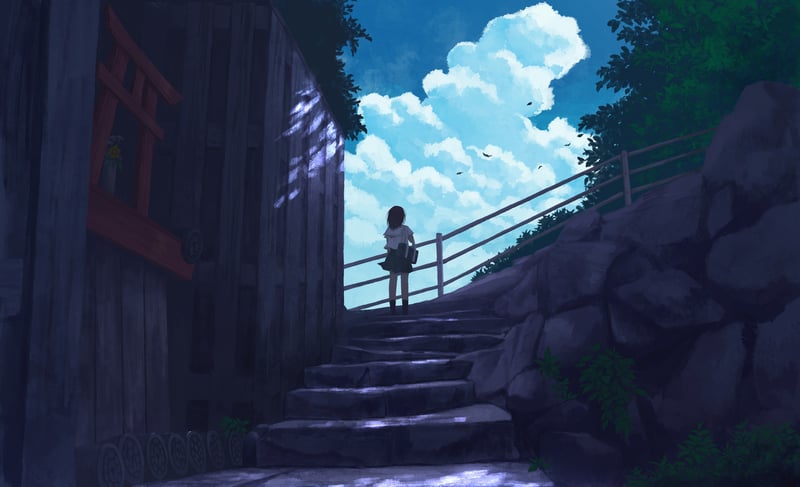 Anime girl on stone stairs with clouds