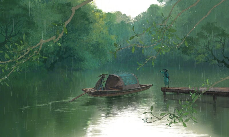 Scenery: Two men in a boat on a rainy river