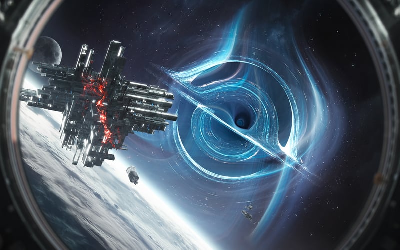 Futuristic spaceship near a black hole and planet