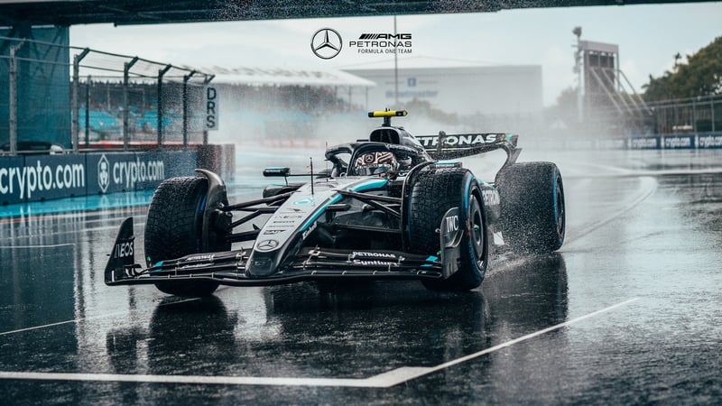 Mercedes AMG Petronas Formula 1 car on wet race track
