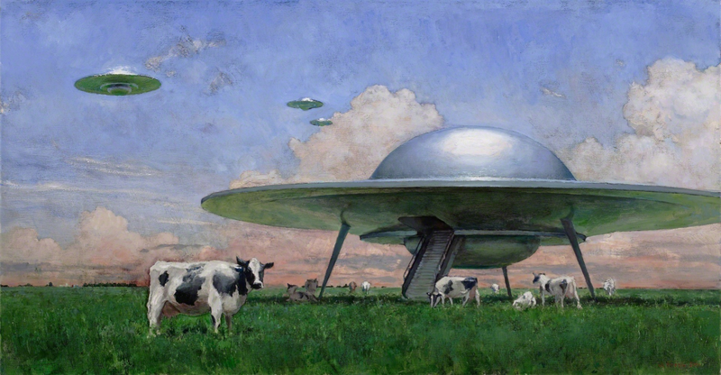 UFOs hovering over a field with cows