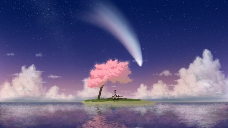 Person under cherry blossom tree watching a comet