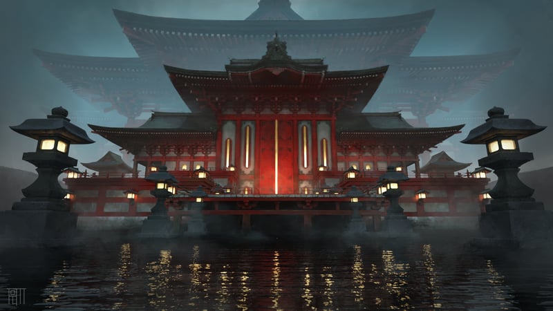 Scenery of a red Japanese temple with water reflections