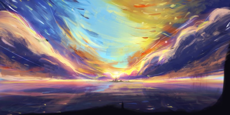 Digital painting of a vibrant sunset over the sea