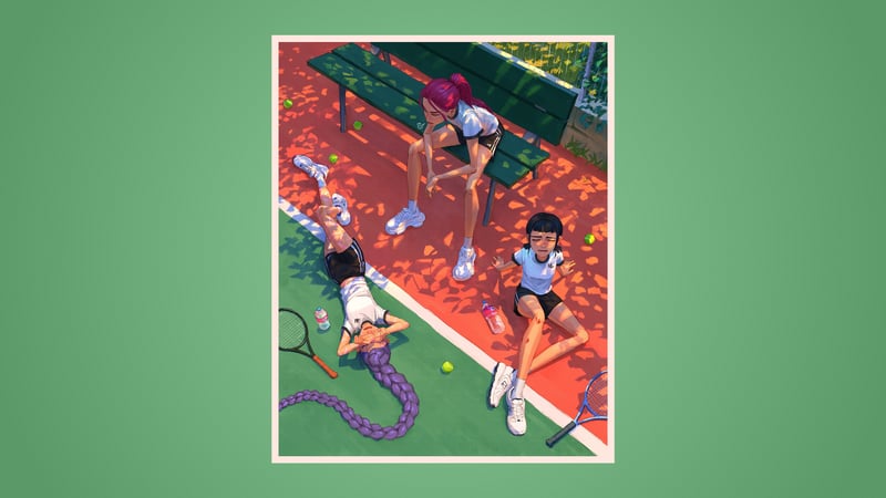 KPop Demon Hunters Rumi, Mira, and Zoey on a tennis court