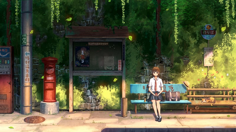 Anime girl sitting on a bench at a bus stop