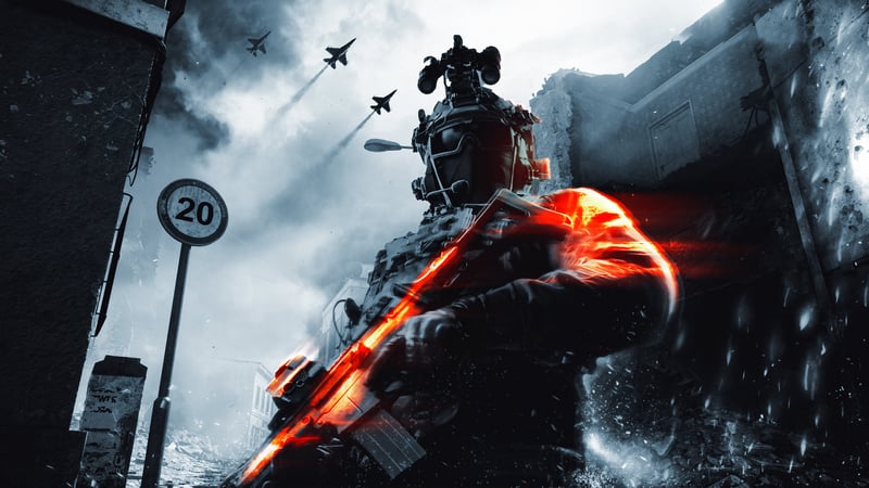 Battlefield soldier with fighter jets overhead