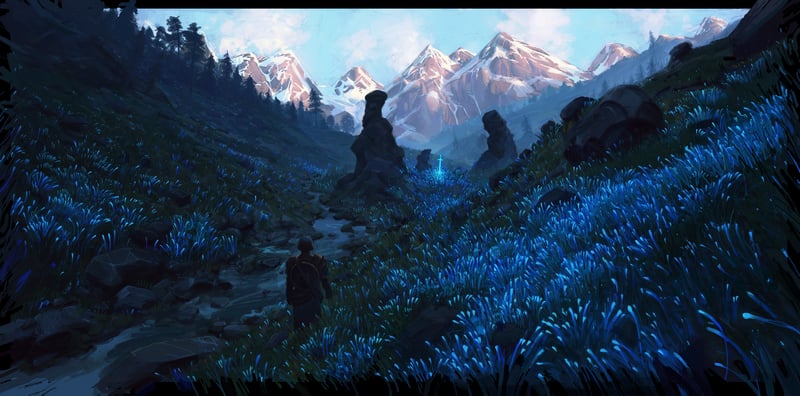 Man walks through glowing blue plants in a mountain valley