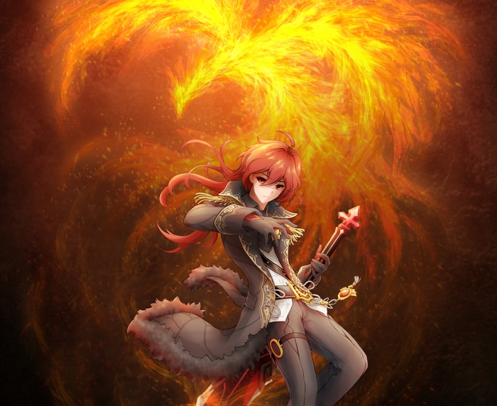 Diluc with a fiery phoenix behind him