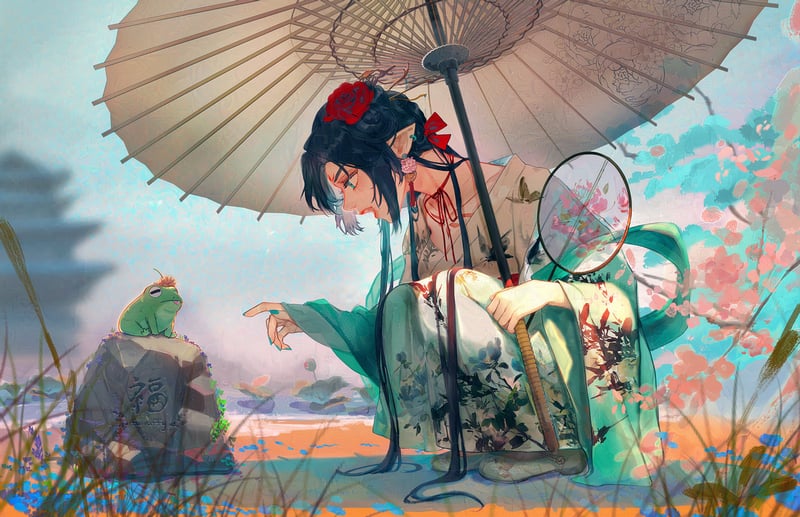 Anime girls in Japanese clothes with a frog