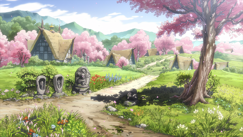 Tensei Shitara Slime Datta Ken village with cherry blossoms and statues
