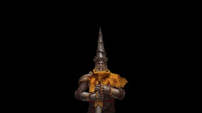 Blasphemous II: Man in armor with conical helmet and sword