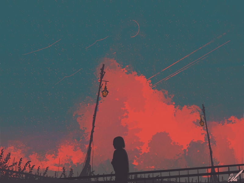 Silhouette of a woman at dusk with red clouds
