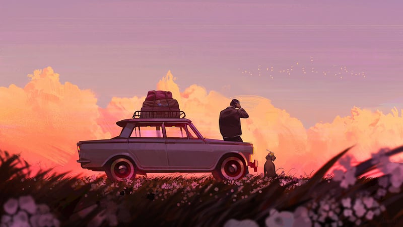 Man and dog watch sunset from car on grassy hill