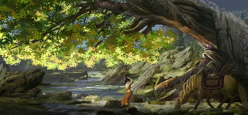 Woman dancing by a stream under a large tree with a horse