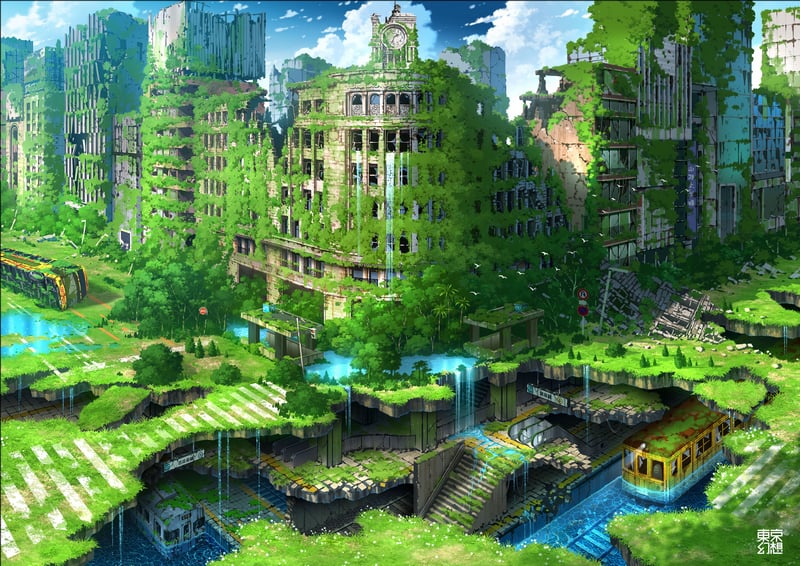 Abandoned overgrown city with subway and trains
