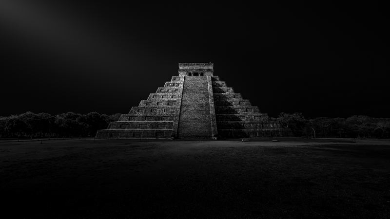 Monochrome Chichen Itza Pyramid at Night
