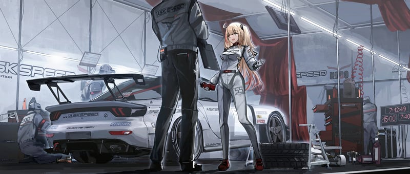 Sports car pit stop with anime driver and mechanic