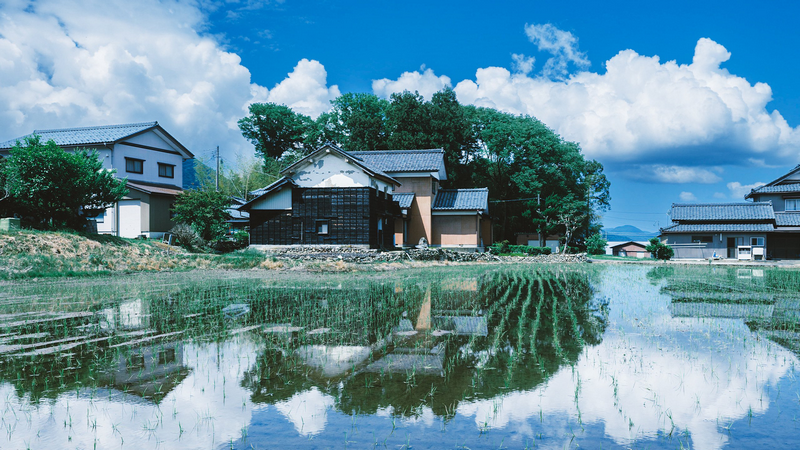 Japanese houses and rice fields reflected in water