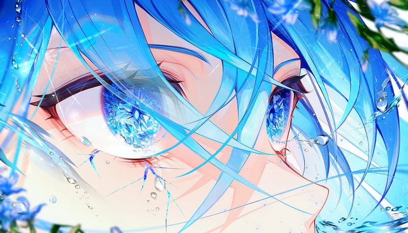 Anime girl with blue hair and crystal eyes