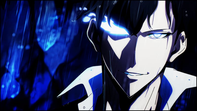 Sung Jin Woo from Solo Leveling with glowing blue eyes