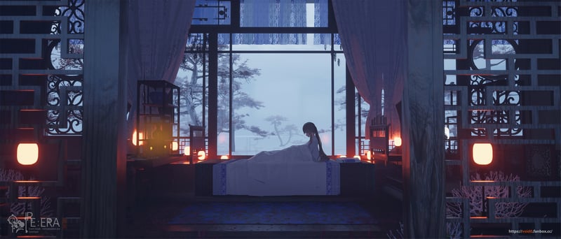 Hu Tao from Genshin Impact in a bedroom