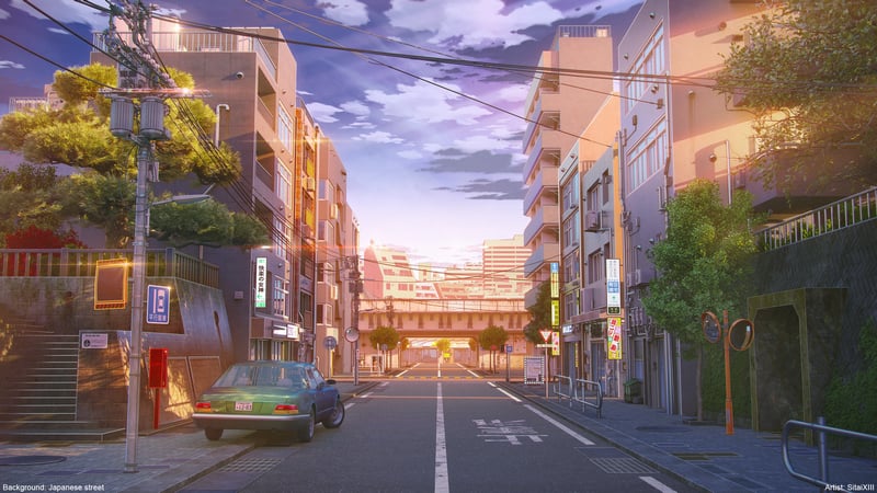 Car on a street in a Japanese city at sunset