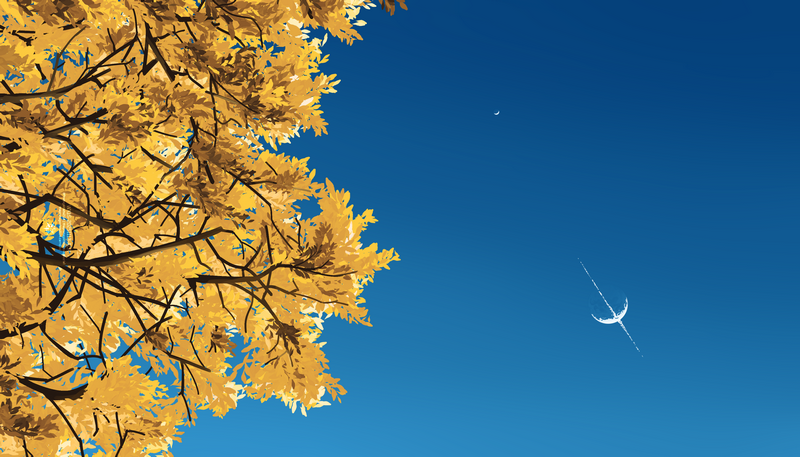 Yellow Leaves on Tree Branches Against Clear Blue Sky with Crescent Moon