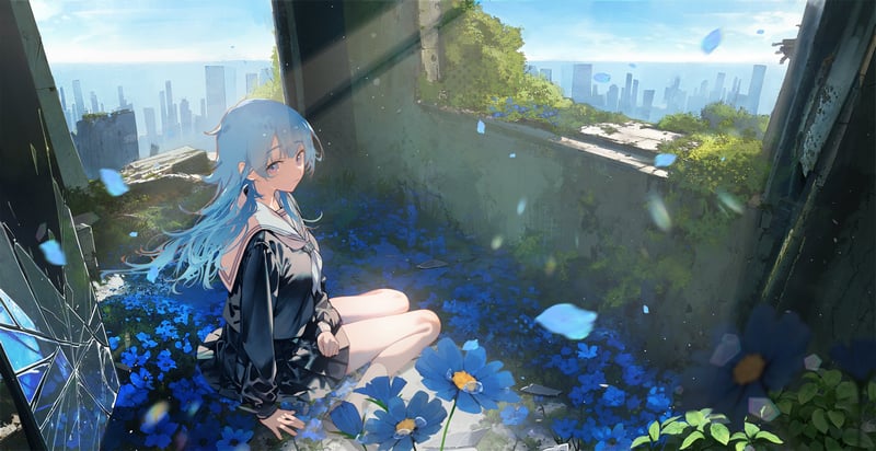 Anime girl sitting in a field of blue flowers