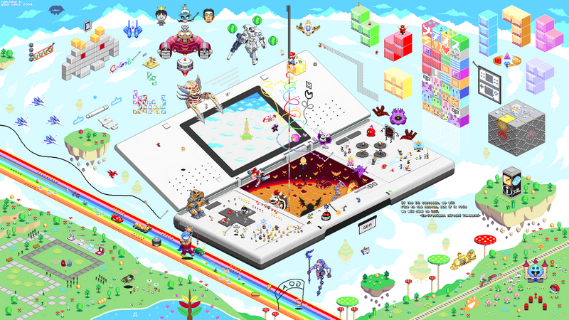 Video game characters and Nintendo DS pixel art by Mark Apilado