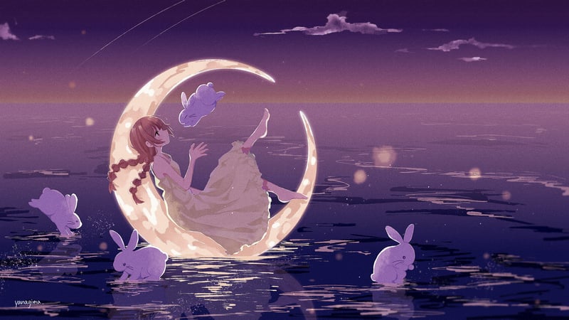 Anime girl on moon with rabbits in the sea