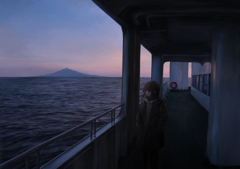 Anime girl on a ferry looking at a distant island at sunset