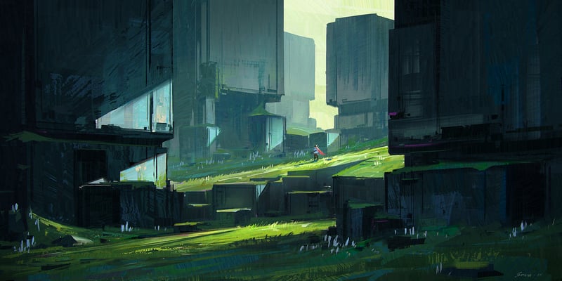 A lone figure walks through a futuristic, overgrown landscape
